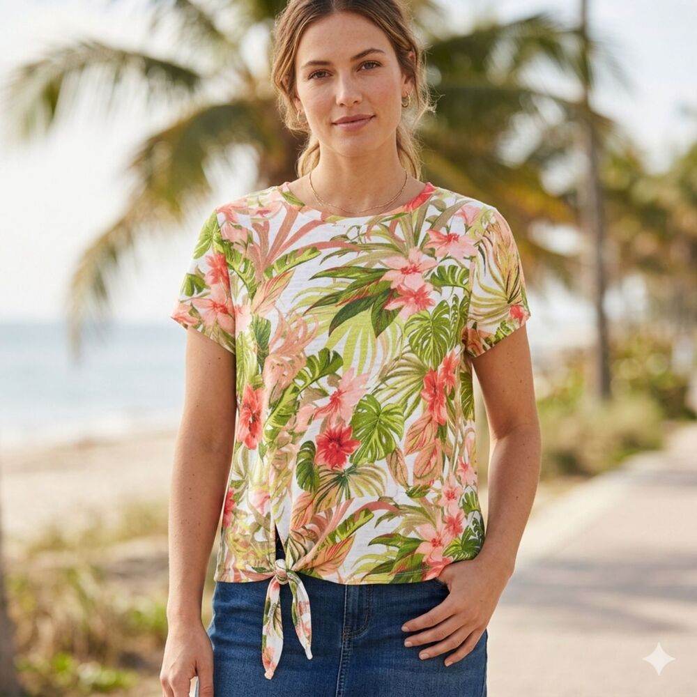 J. Jill Love Linen Tropical Floral Knit Top Medium Side Tie Front 100% Linen